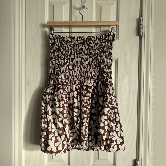 Free People Brown & White Floral Smocked Strapless Bubble Dress - Picture 6 of 14